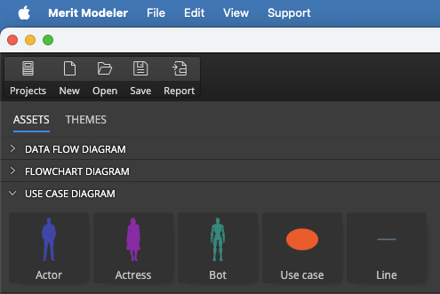 Assets panel with elements for Use Case Diagram creation - actor, actress, bot, use case, line.