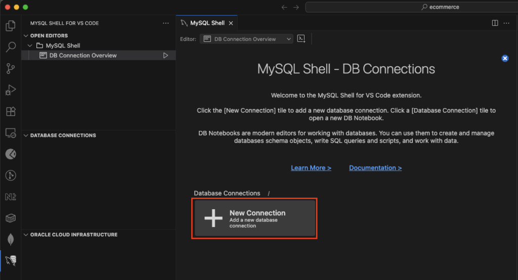 A screenshot of VS Code showing how to define a new database connection to MySQL.