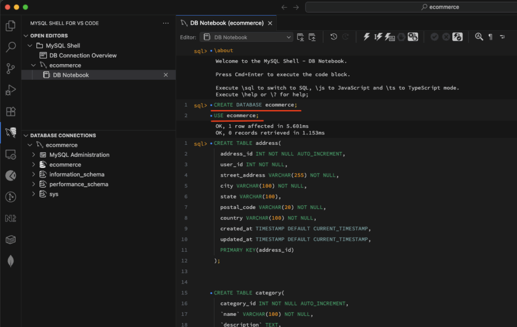 A screenshot showing VS Code with SQL Scripts for MySQL