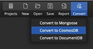 Convert menu in Moon Modeler with Convert to Mongoose, Convert to CosmosDB and Convert to DocumentDB