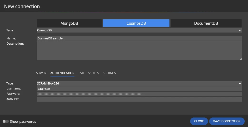 SCRAM-SHA-256 authentication settings for a Cosmos DB connection in Moon Modeler