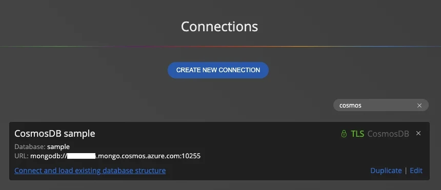 Connect and load existing database structure link for a Cosmos DB connection