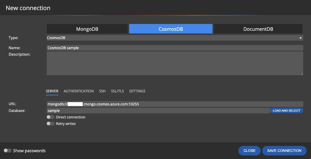 CosmosDB connection with account URL and database in Moon Modeler