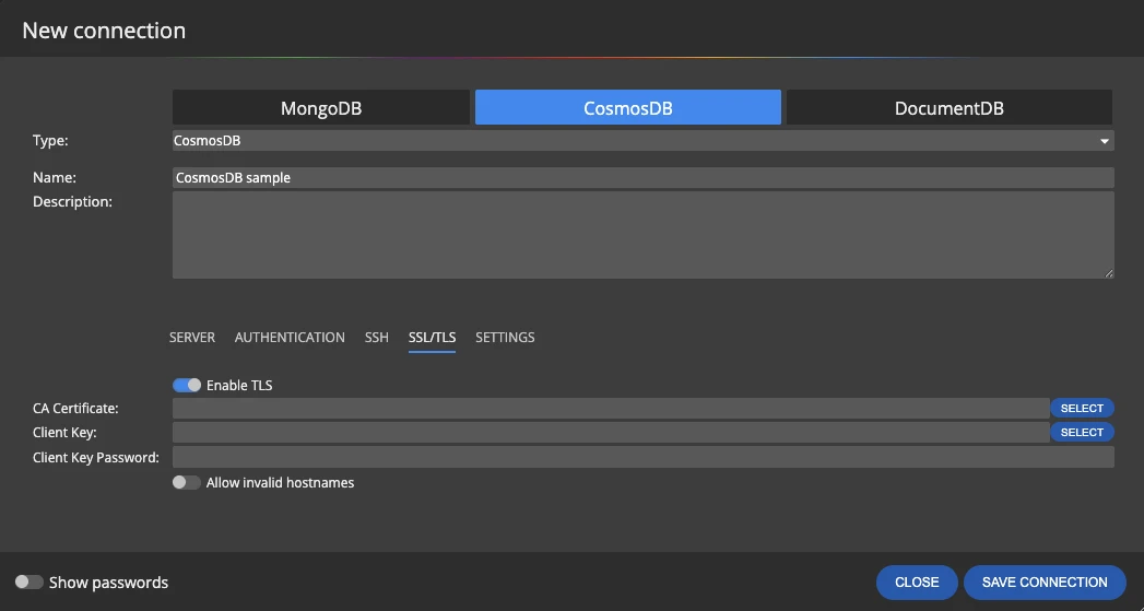 Enable TLS option for a Cosmos DB connection in Moon Modeler
