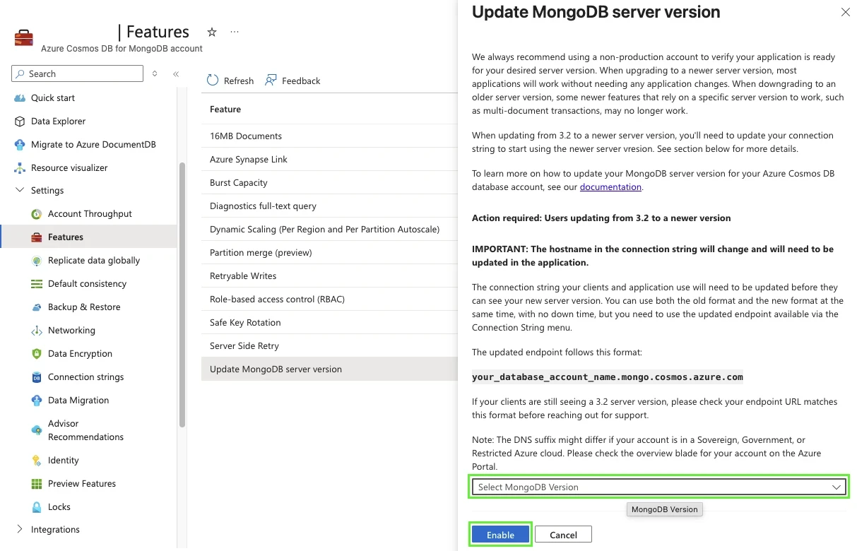 Update MongoDB server version panel in the Azure portal