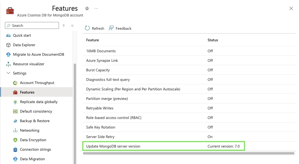 Features page of an Azure Cosmos DB for MongoDB account showing the current server version