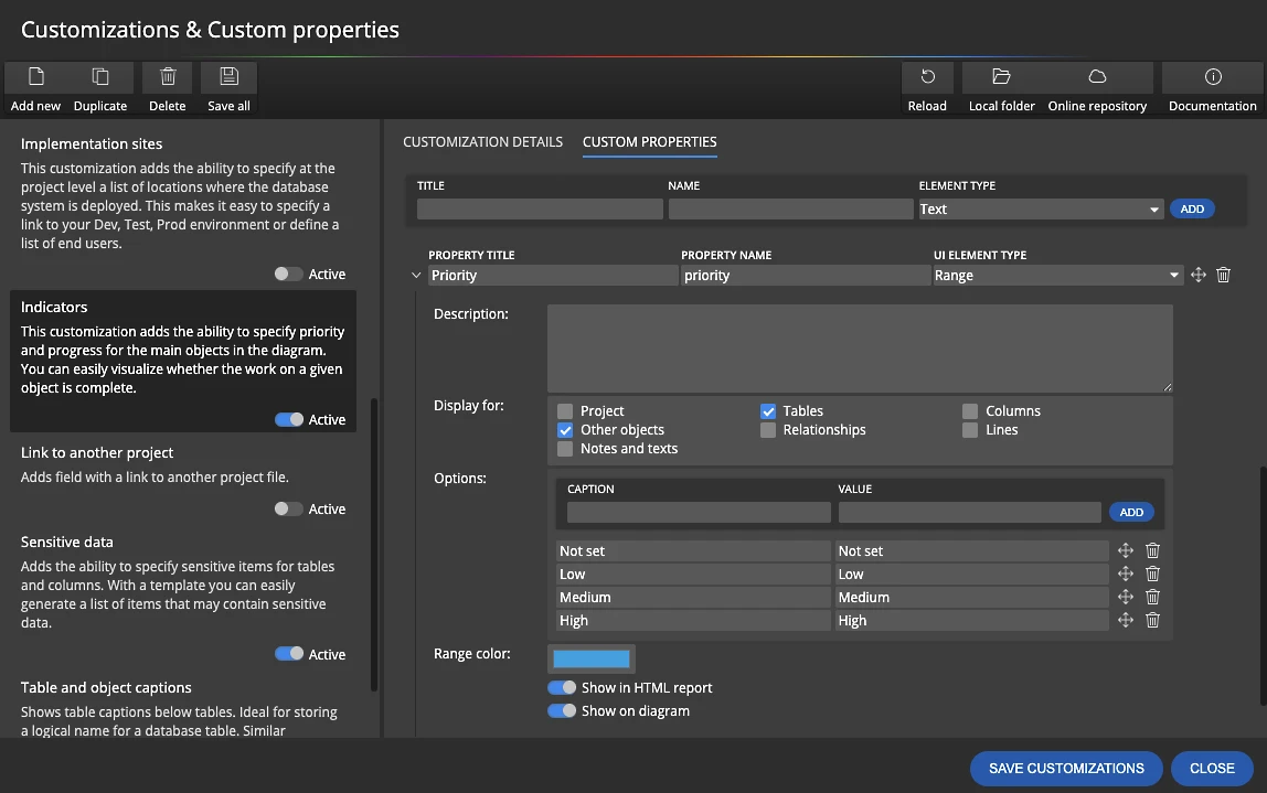 Visual editor for defining custom properties and their UI element types