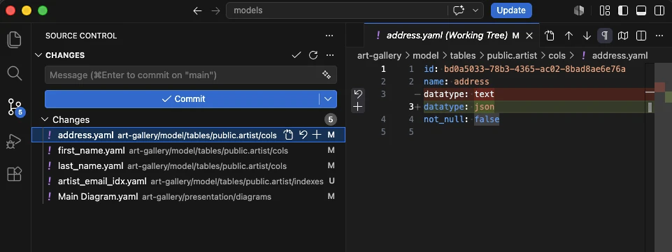Visual Studio Code screenshot showing exactly which tables and columns a schema change touched
