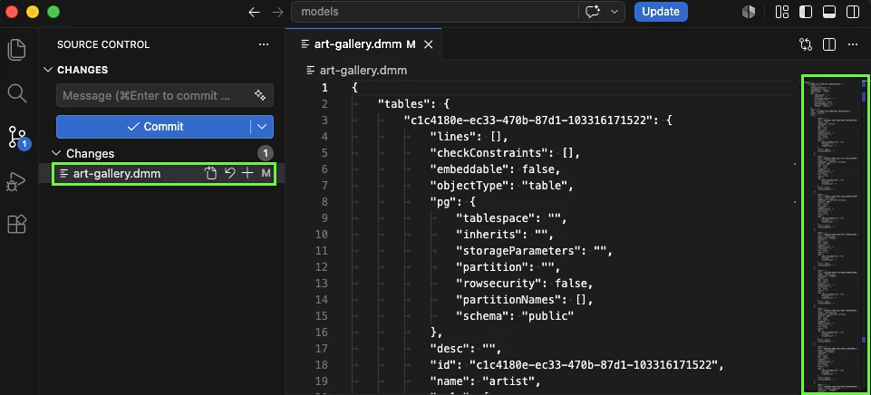 Visual Studio Code showing a single file model file with a difficult way to see what changed between versions