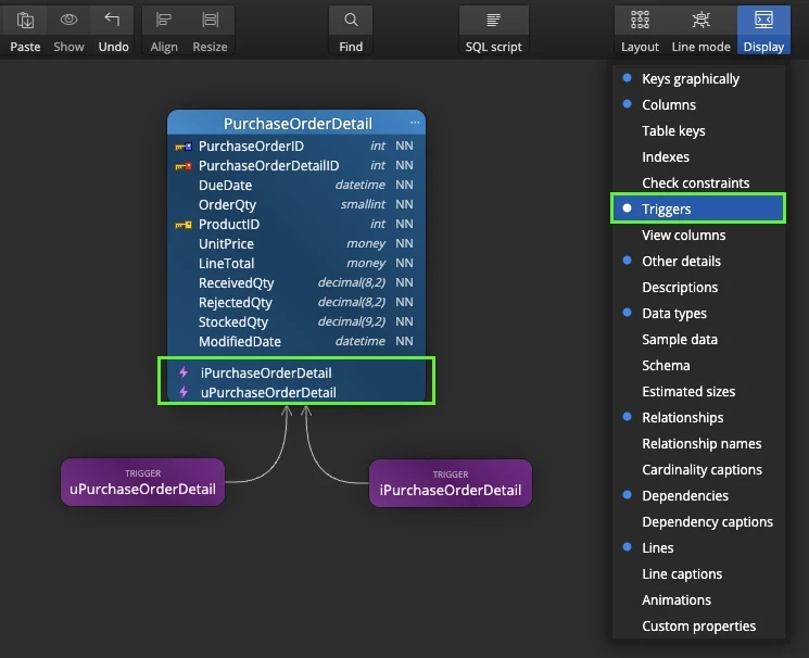 Triggers listed at the bottom of a table on a diagram and the Triggers option in the Display menu