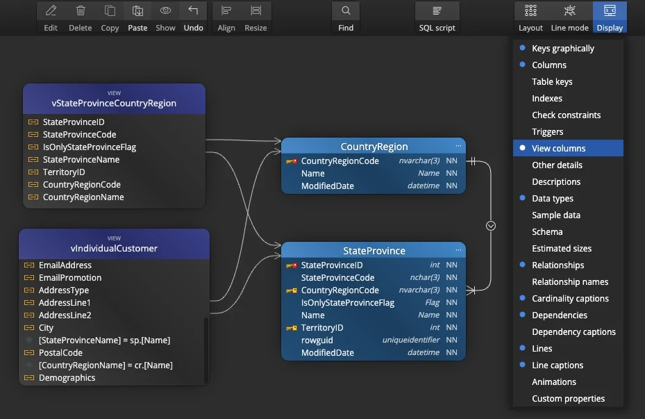 Views with their columns displayed on a diagram and the View columns option in the Display menu