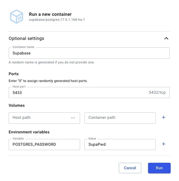 Running the supabase/postgres image in Docker with a mapped host port