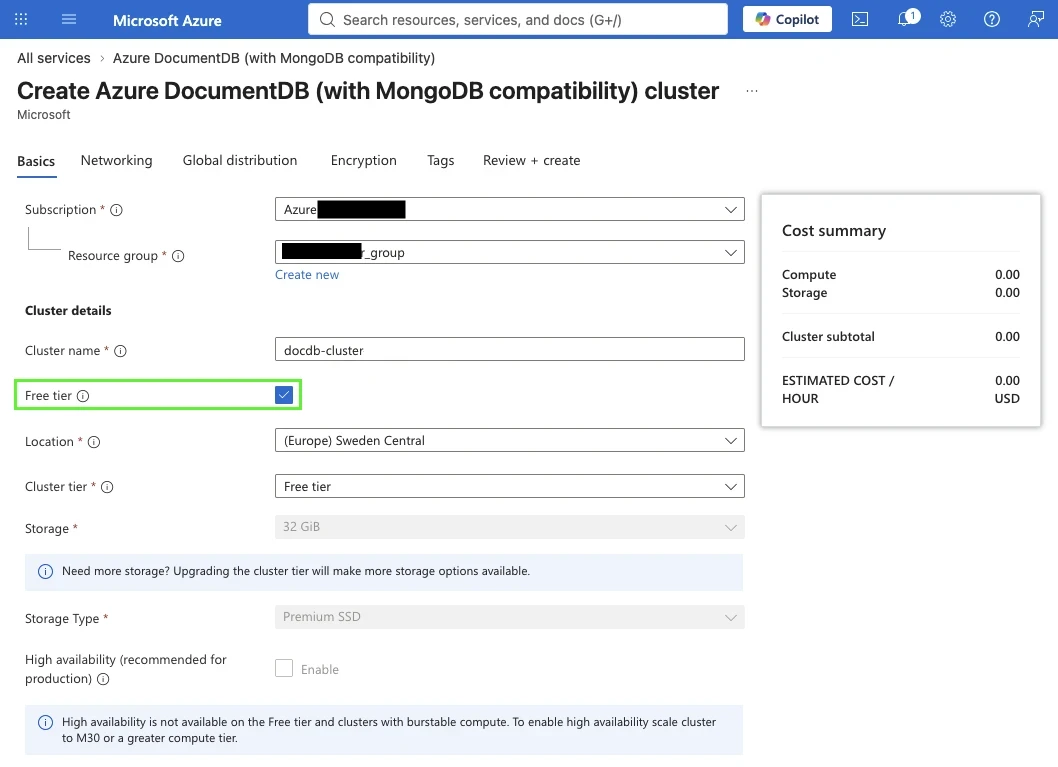 Creating a free tier Azure DocumentDB cluster in the Azure portal