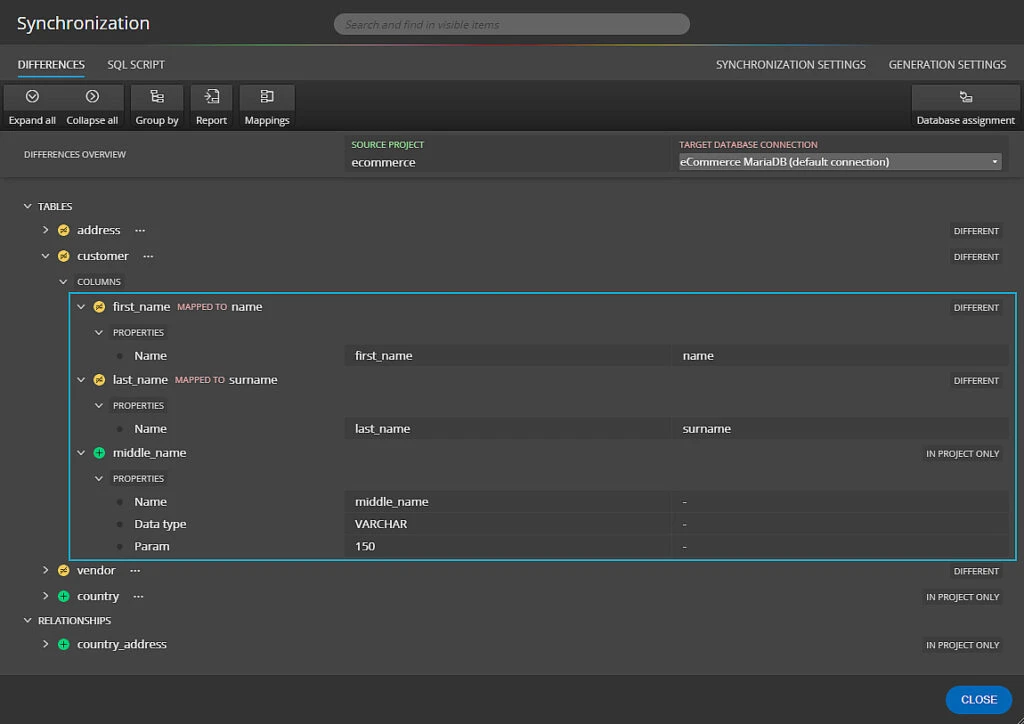 Schema synchronization form in Luna Modeler database modeling tool for syncing database and ERD