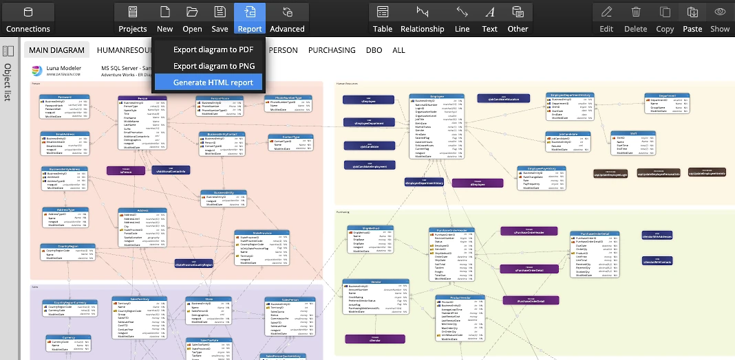 Finished database documentation exported to a PDF report