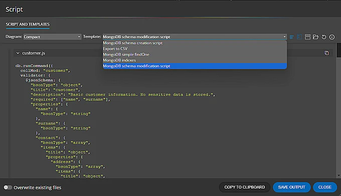 Generated MongoDB validation script in Moon Modeler data modeling tool