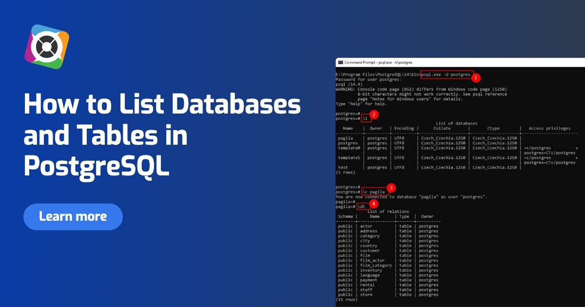 Learn how to list databases and show tables in PostgreSQL. Use a command-line tool or create an ER diagram in Luna Modeler.