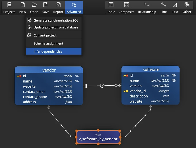Starting automatic dependency detection from the Advanced menu in Luna Modeler