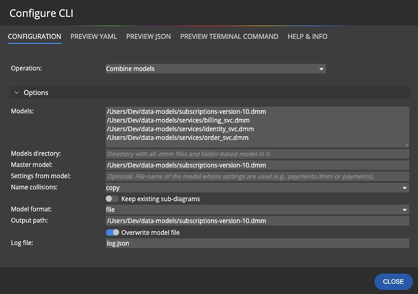 Configure CLI dialog in Luna Modeler with the Combine models operation, model paths, master model and output path