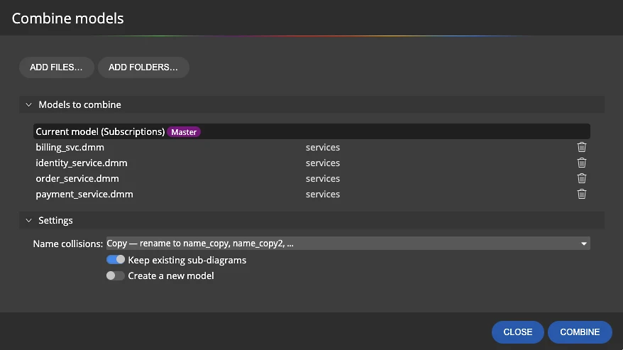 Combine models dialog in Luna Modeler merging billing, identity, order and payment service models into one data model