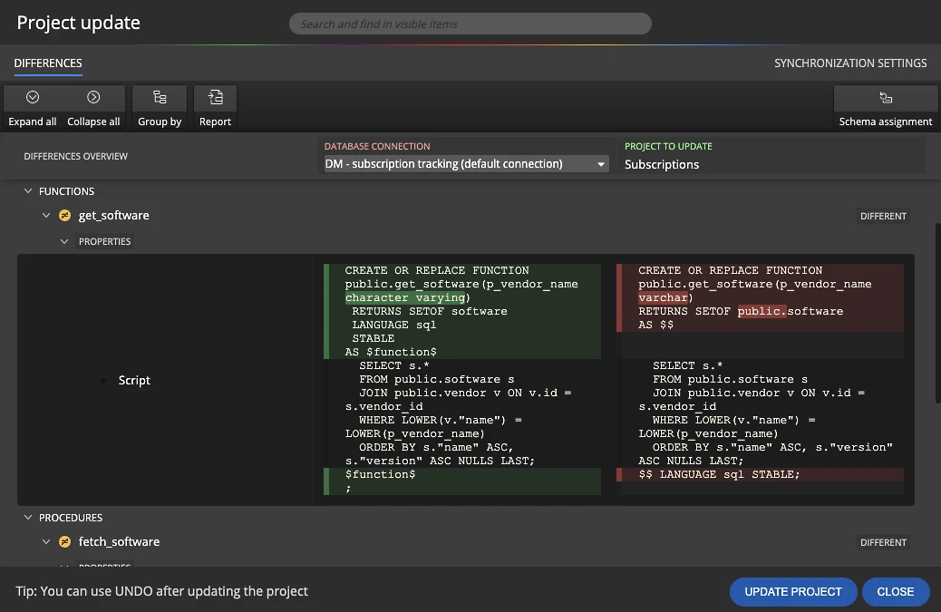 Luna Modeler Project update dialog comparing a PostgreSQL function script from the database and the model side by side