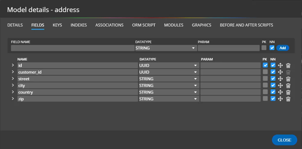 Sequelize modeling in Meteor Modeler | Fields properties