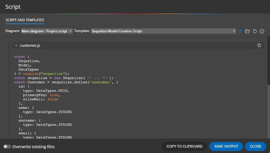 Sequelize script generated by Meteor Modeler