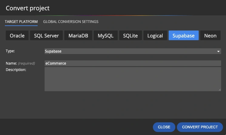 Convert project dialog with Supabase and Neon as target platforms in Luna Modeler