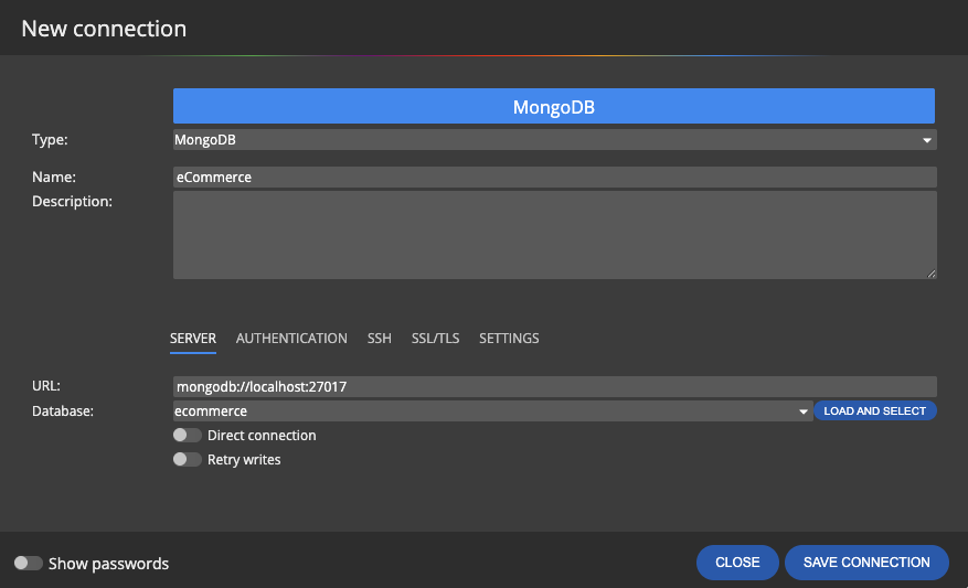 A new MongoDB connection in Moon Modeler