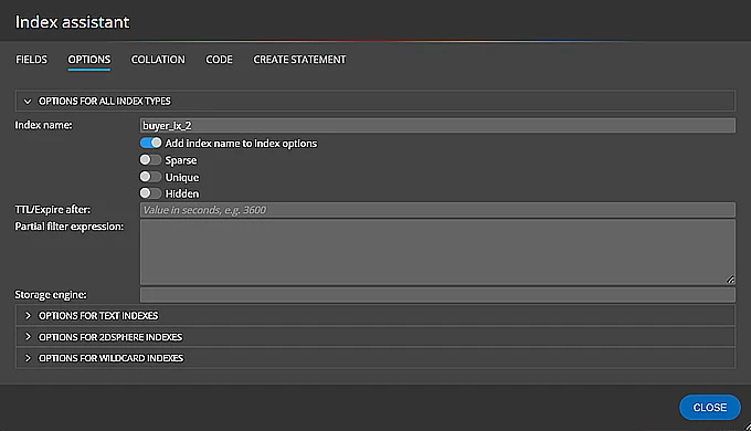 Visual creation of MongoDB indexes with Moon Modeler.