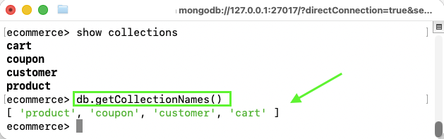 the getCollectionNames() command in the MongoDB shell