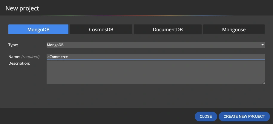 New project dialog in Moon Modeler with MongoDB, CosmosDB, DocumentDB and Mongoose