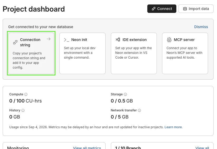Connection string card on the Neon project dashboard