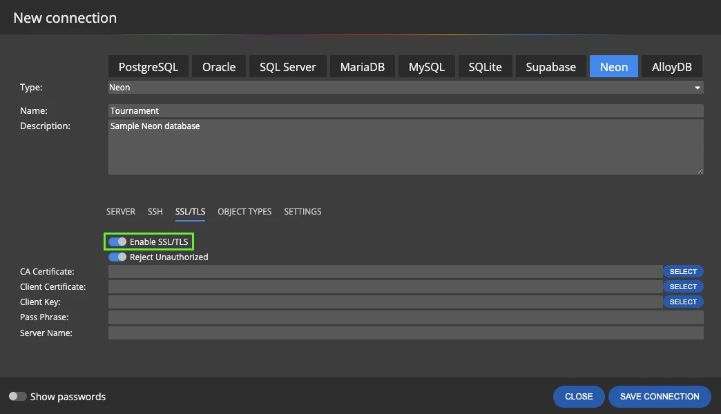 Enable SSL/TLS and Reject Unauthorized options for a Neon connection in Luna Modeler