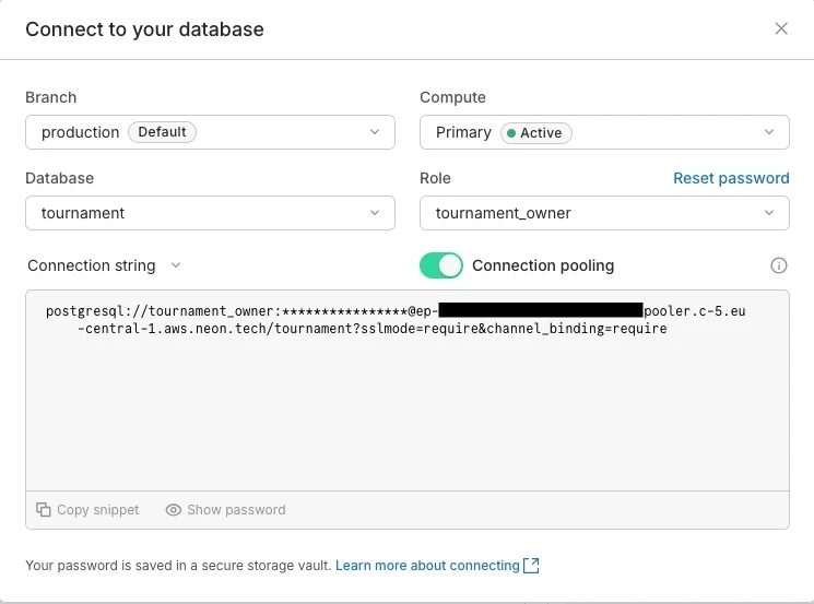 Neon Connect to your database dialog with branch, database, role and connection string