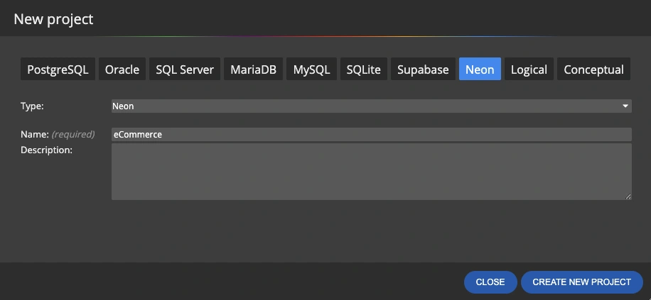 New project dialog with Neon selected in Luna Modeler