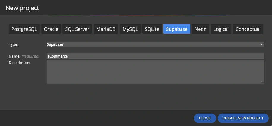 New project dialog with Supabase selected in Luna Modeler