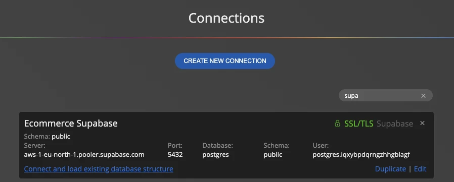 Connect and load existing database structure link for a Supabase connection
