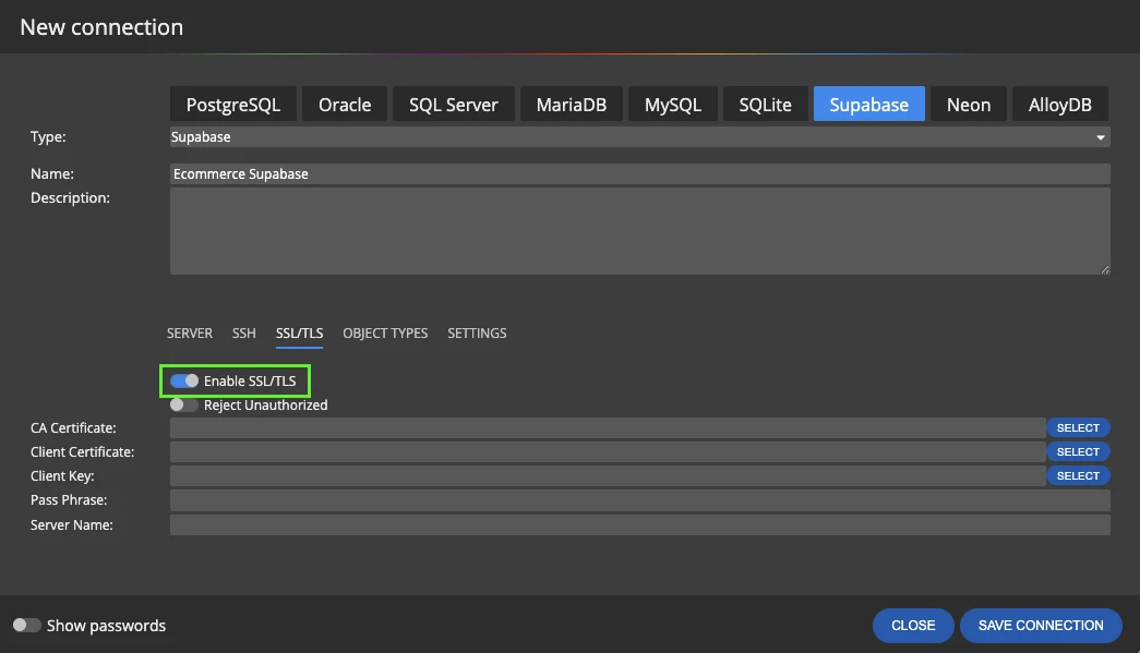 Supabase connection with SSL/TLS enabled in Luna Modeler