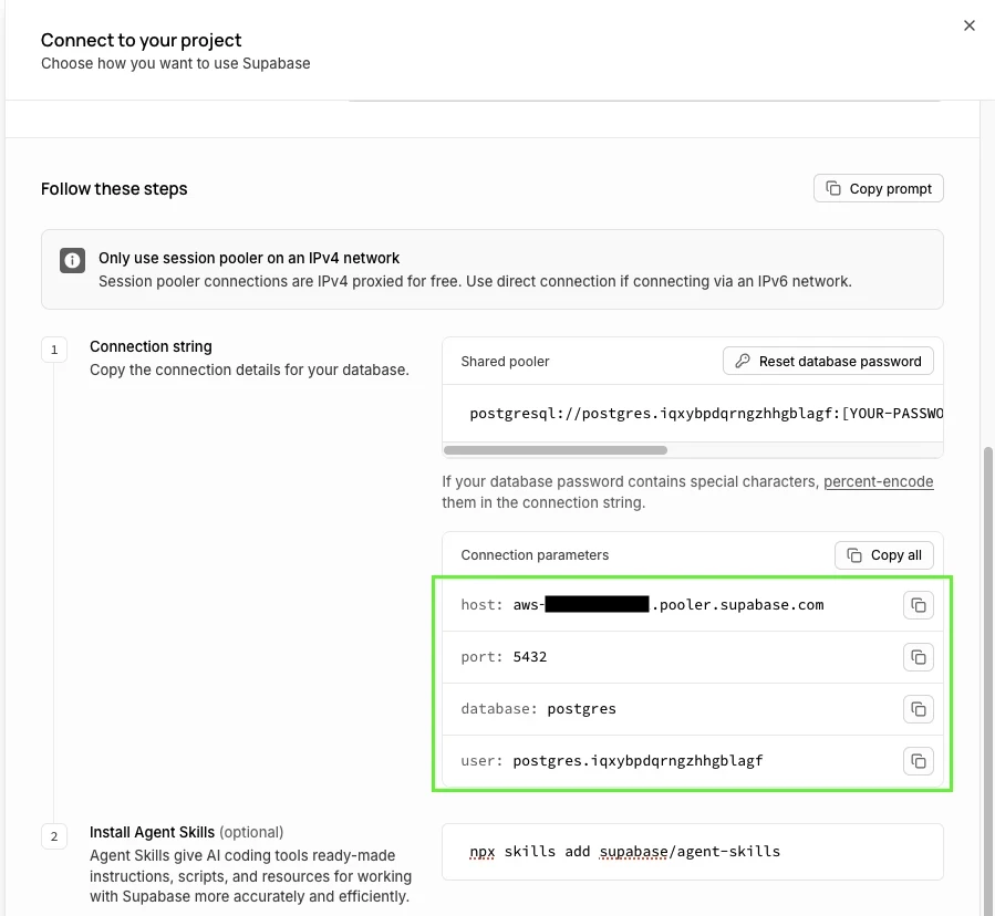 Host, port, database and user of a Supabase project