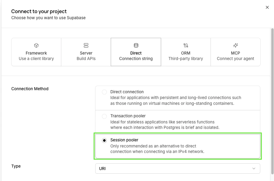 Session pooler connection method selected in the Supabase Connect dialog