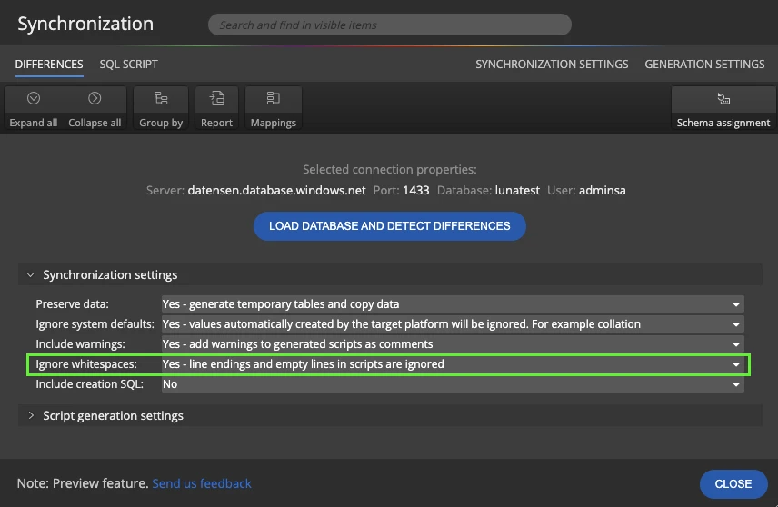 Ignore whitespaces option in the synchronization settings of Luna Modeler
