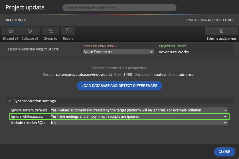 Ignore whitespaces option in the project update settings of Luna Modeler