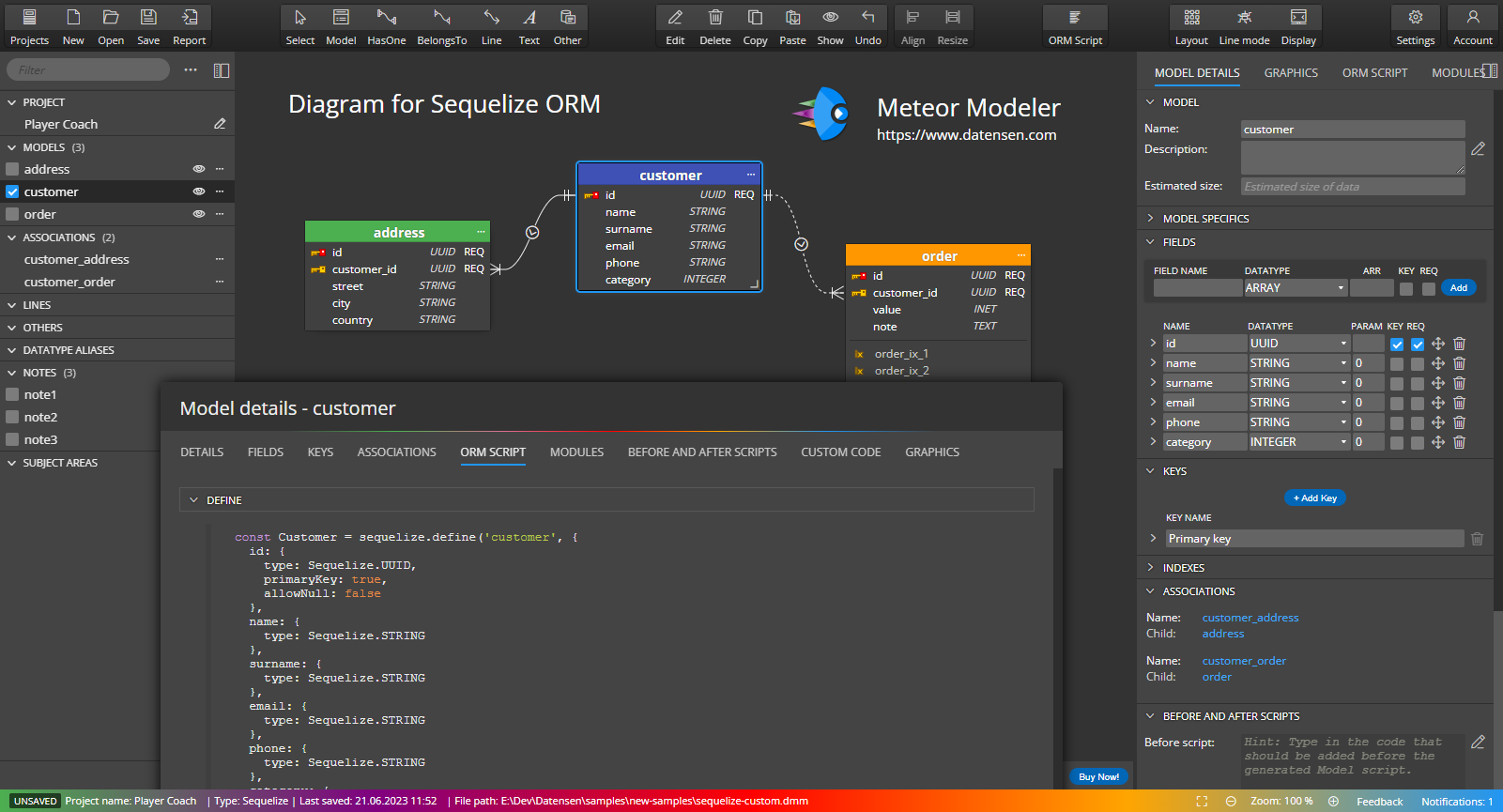 Free data modeling tool for Sequelize