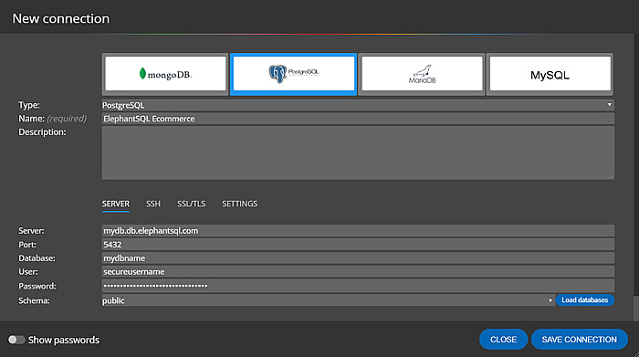 Connection and PostgreSQL data model Reverse enginering MongoDB, MariaDB and PostgreSQL