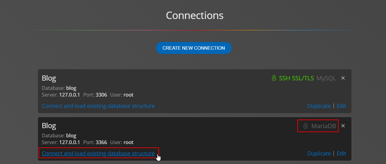 Load existing MariaDB database