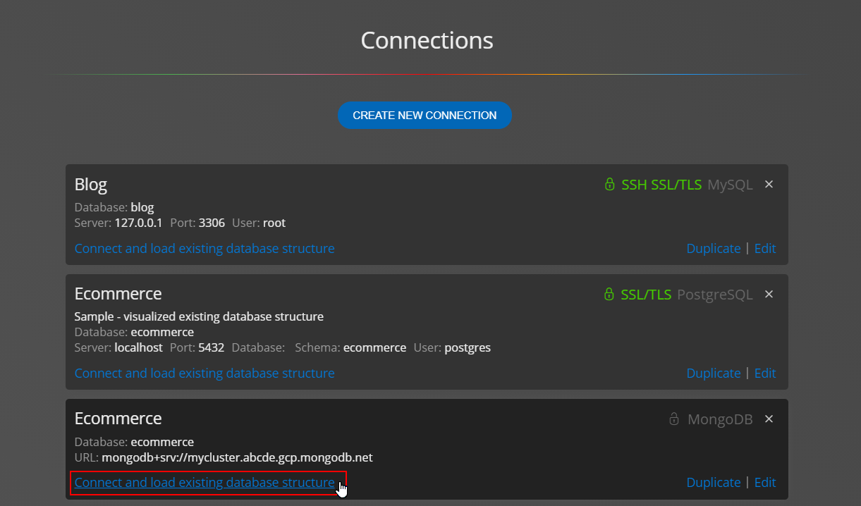 Execution of MongoDB reverse engineering for visualization of existing database structures