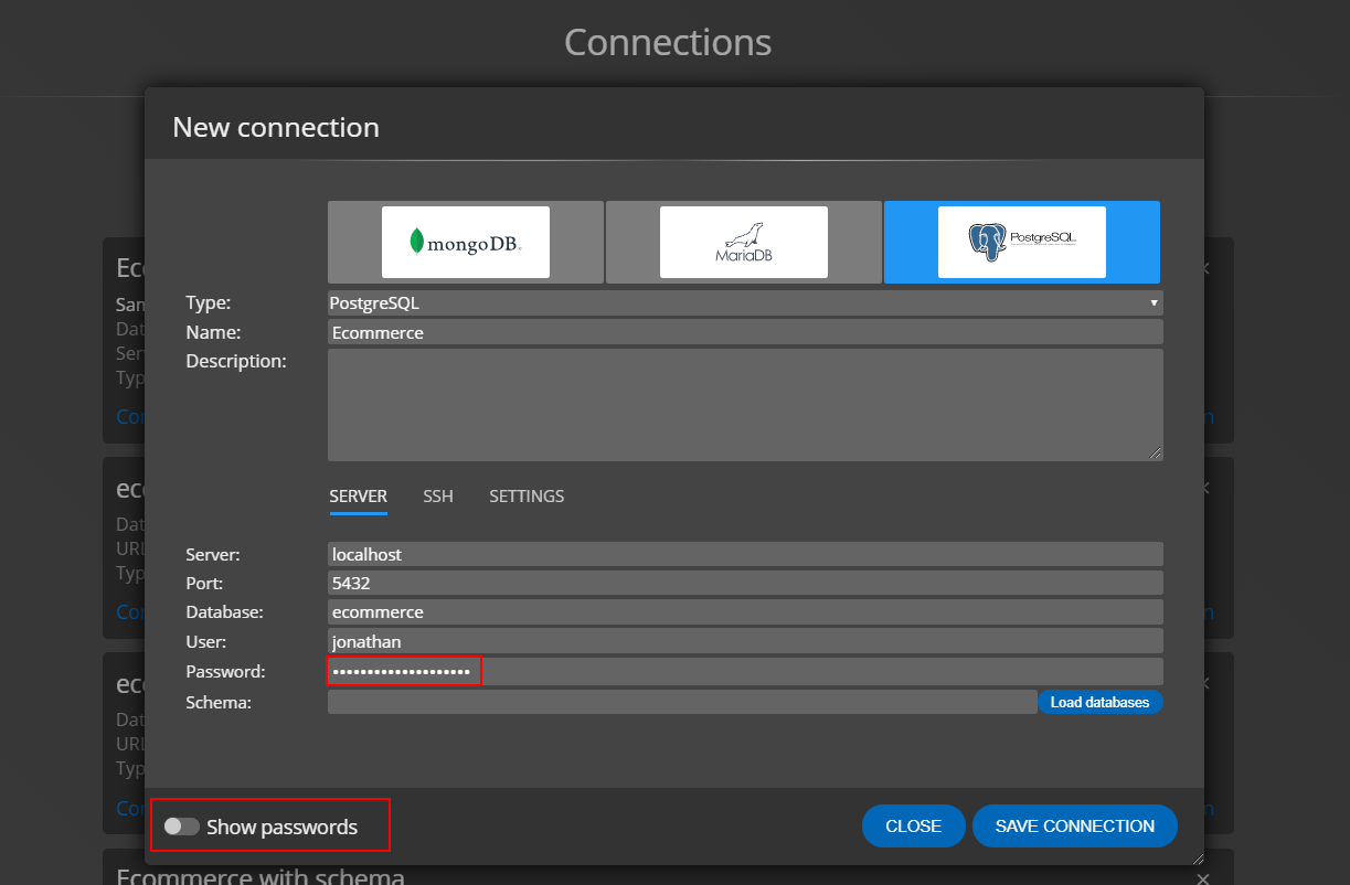 Passwords on database connection form